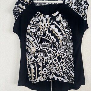 Women's M VINTAGE SUZIE Black & White Geometric Blouse, Cap Sleeves‎